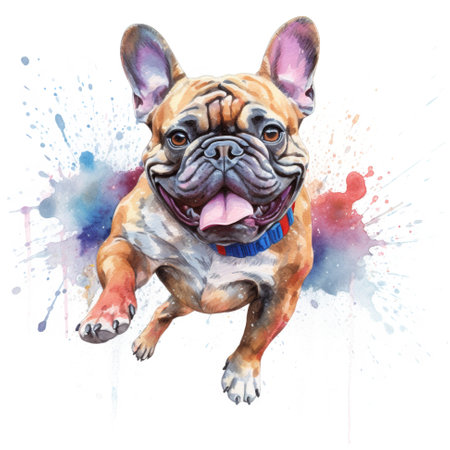 A watercolor painting of a dog with a blue collar. Generative AI image.の素材