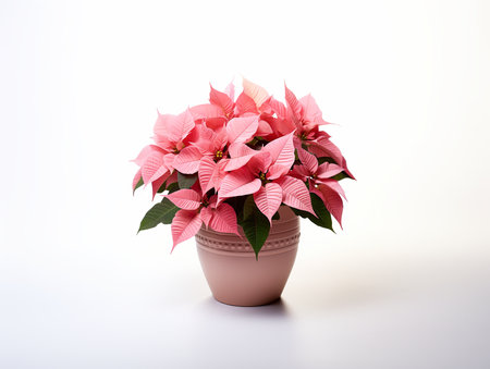 A potted plant with pink flowers on a white surface. Generative AI image.の素材