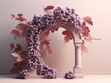 Arch mockup, stage or product display with grape vine and grapes.の素材