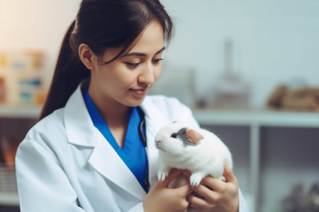 Veterinarian, an animal doctor checking guinea pig at a vet clinic, AI generativeの素材