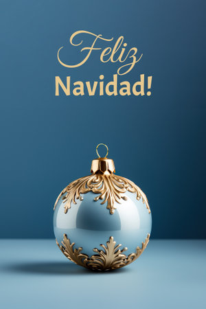 A blue and gold christmas ornament on a table. Generative AI image.の素材