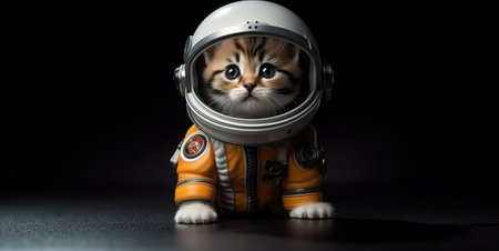 A cat wearing a space suit sitting on a table. Generative AI image.の素材