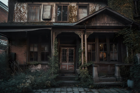 An old house with ivy growing on the front of it. AI generative image.の素材