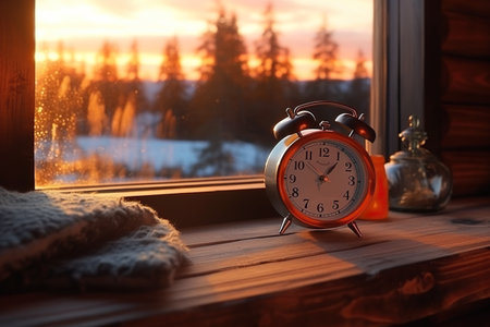 An orange alarm clock sitting on a window sill. Generative AI image. Happy New Year.の素材