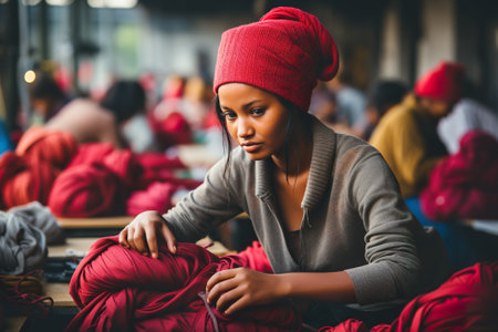 A woman in a red hat working on a red object. Generative AI image.の素材
