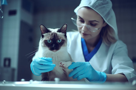 Veterinarian, an animal doctor checking at a cat in vet clinic, AI generativeの素材