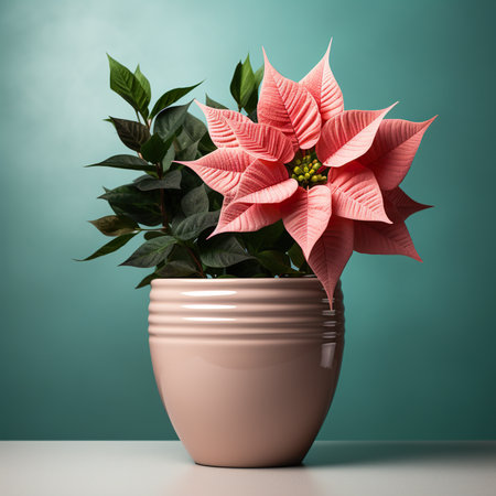 A pink poinsettia plant in a ceramic vase. Generative AI image.の素材