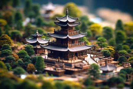 A small model of a pagoda surrounded by trees. Generative AI image.の素材