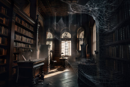 A room with a piano, bookshelf, and a spider web. AI generative image.の素材