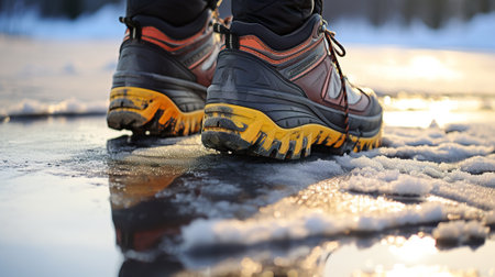 A close up of a persons shoes in the snow. Generative AI image.の素材