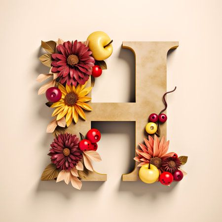 The letter h is decorated with flowers and apples. Generative AI image.の素材
