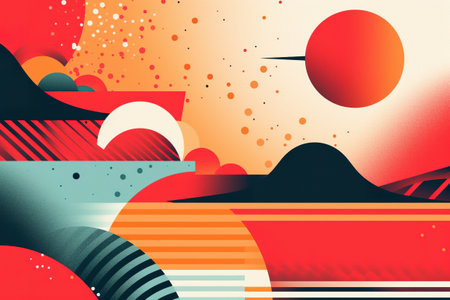 An abstract illustration of a sunset over a mountain range. Generative AI image.の素材