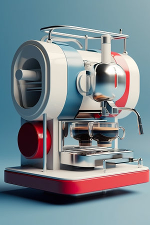 A red and white coffee machine on a blue background. Generative AI image.の素材