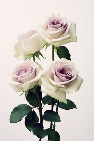Three white roses in a vase on a table. Generative AI image.の素材