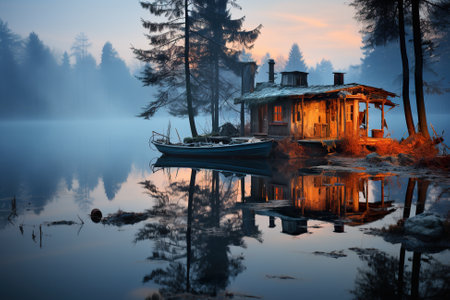 A boat sits on the water in front of a house. Generative AI image.の素材