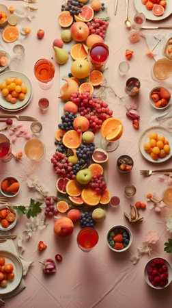 A long table with plates of fruit on it. Generative AI image.の素材