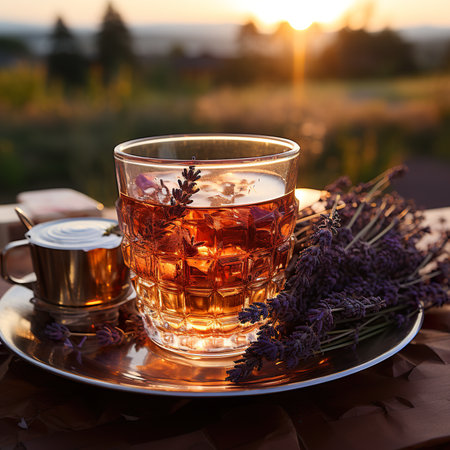 A glass of tea and a cup of tea on a table. Generative AI image.の素材