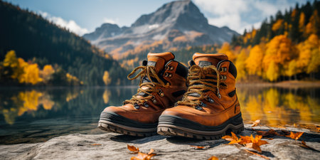 A pair of hiking boots sitting on top of a rock. Generative AI image.の素材