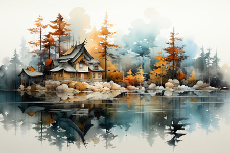 A watercolor painting of a house on a lake. Generative AI image.の素材
