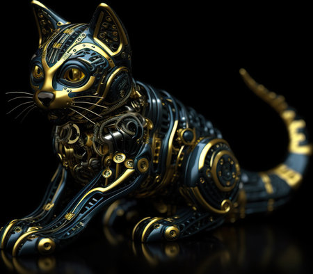 A black and gold statue of a cat. Generative AI image.の素材