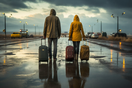 A couple of people with luggage walking down a wet road. Generative AI image.の素材