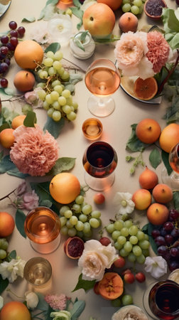 A table topped with lots of fruit and flowers. Generative AI image.の素材