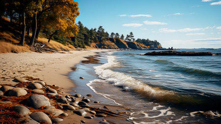 A sandy beach with rocks and trees on the shore. Generative AI image.の素材
