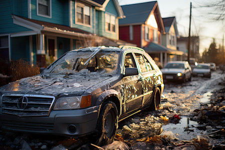 A dirty car is parked on the side of the road. Generative AI image. Hail and strong storm damaging cars and houses.の素材