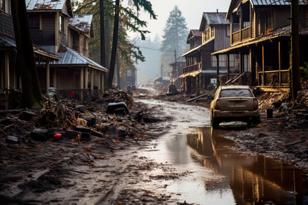 River flooding local village, desolation scene. Generative AI image.の素材