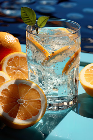 A glass of water with a slice of orange next to it. Generative AI image.の素材