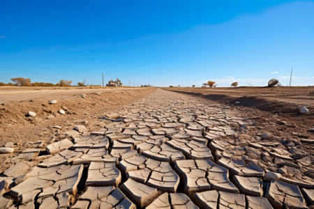 Drought, dry cracker earch on fields hit by lack of rain outside a large city. Generative AI.の素材