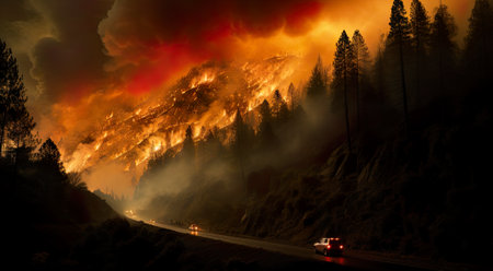 A fire truck driving down a road next to a forest. Generative AI image.の素材
