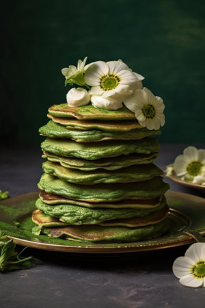 A stack of green pancakes with flowers on top. Generative AI image.の素材