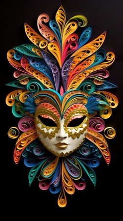A colorful mask with feathers on a black background. Generative AI image.の素材