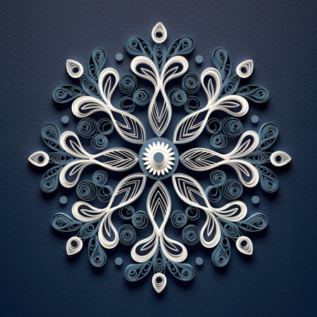 A paper snowflake on a blue background. Generative AI image.の素材