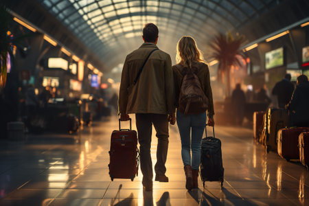 A man and a woman walking through an airport. Generative AI image.の素材