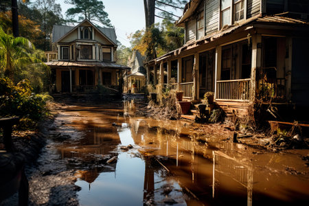 A muddy street with houses and a puddle of water. Generative AI image.の素材