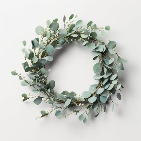 A wreath made of eucalyptus leaves on a white surface. Generative AI image.の素材