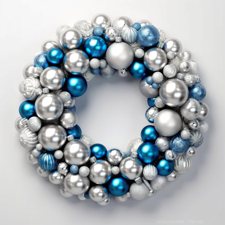A blue and silver christmas wreath with ornaments. Generative AI image.の素材