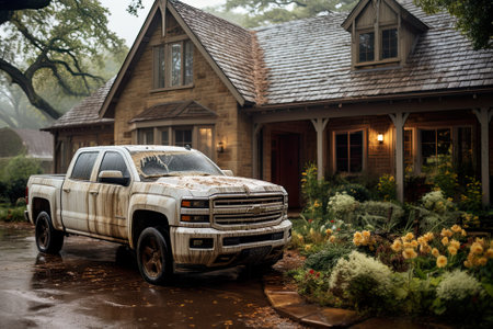 A white truck parked in front of a house. Generative AI image. Hail and strong storm damaging cars and houses.の素材