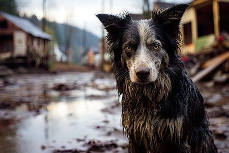 A black and white dog standing in a muddy area. Generative AI image. Keeping animals safe during floods.の素材