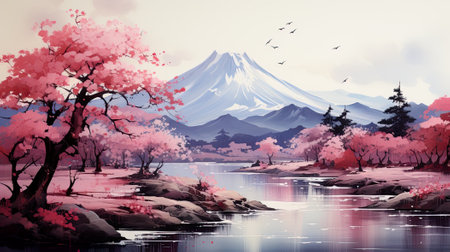 A painting of a mountain with a lake in the foreground. Generative AI image.の素材