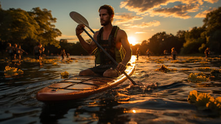 A man in a kayak paddles through the water. Generative AI image.の素材