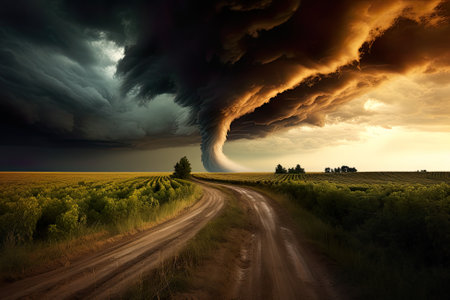A large tornado cloud rolls over a dirt road. Generative AI image.の素材