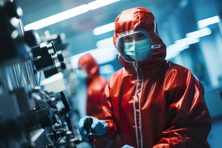 A man in a red jacket and mask working on a machine. Generative AI image.の素材