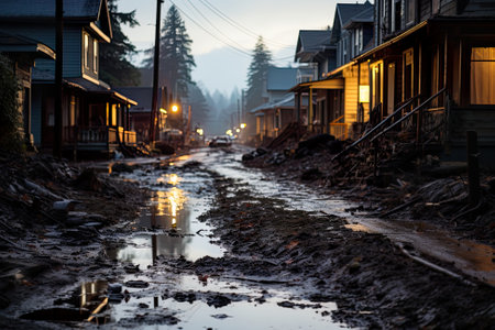 River flooding local village, desolation scene. Generative AI image.の素材
