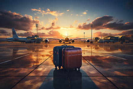 A red suitcase sitting on top of an airport tarmac. Generative AI image.の素材