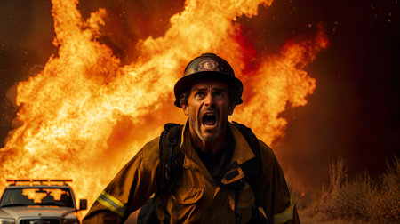 A firefighter in front of a burning truck. Generative AI image.の素材