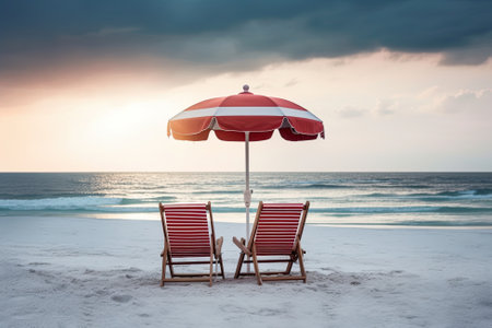 Two beach chairs under an umbrella on the beach. Generative AI image.の素材