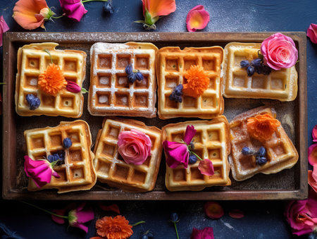 A tray of waffles topped with fruit and flowers. Generative AI image.の素材
